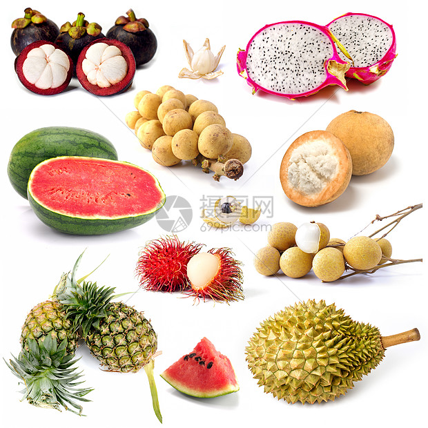 泰国的一组热带水果 孤立果类菠萝食物异国小吃山竹营养健康饮食桂圆果汁甜点图片