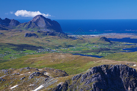 美丽的挪威海岸线全景农村风景牧场海洋晴天山峰海岸乡村图片