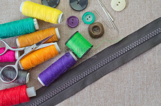 缝缝合配件纺织品线圈蓝色材料工具按钮裁缝工作针线棉布图片