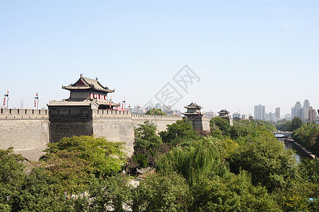 中国西安古城墙文化建筑历史中心蓝色地标历史性旅行城市旅游背景图片