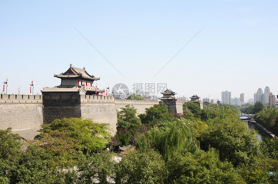 中国西安古城墙文化建筑历史中心蓝色地标历史性旅行城市旅游图片