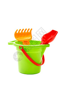 儿童玩具桶式铁铲和童年塑料乐趣闲暇沙箱绿色红色娱乐图片