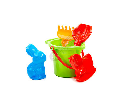 儿童玩具桶式铁铲和乐趣闲暇娱乐绿色红色沙箱塑料童年图片