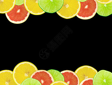柑橘切片摘要背景 特写 工作室照片橙子绿色框架肉质食物圆圈柚子水果黄色宏观图片