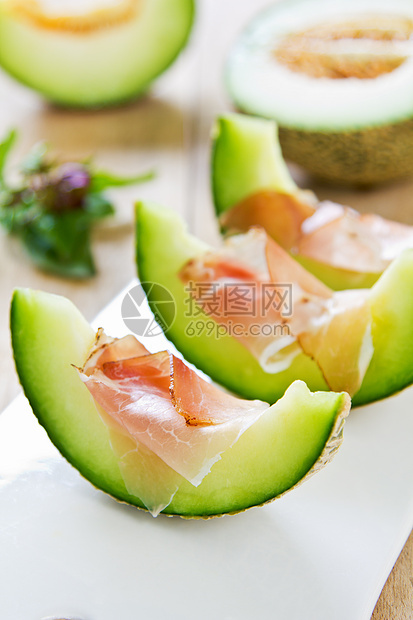 配普罗西乌托瓜绿色水果火腿猪肉营养甘露饮食沙拉健康食物图片