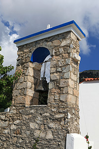 齐亚东正教教堂的钟楼场景天空宗教石头村庄教会建筑棕榈美丽信仰图片
