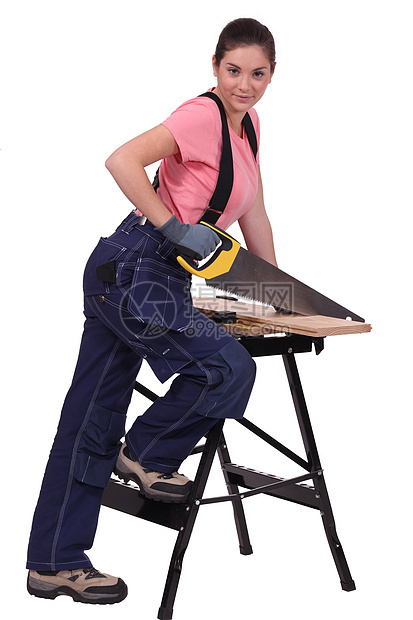 妇女锯木板台锯橱柜职业白色女性女士手指工具木头女孩图片