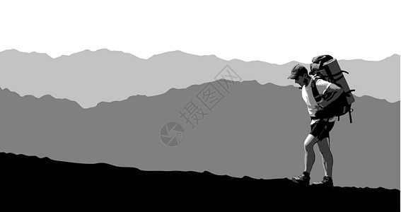 单身旅行者帐篷旅行插图远足衬衫孤独灰阶丘陵自由齿轮图片