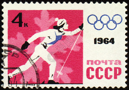 邮戳上正在跑的滑雪者滑雪板集邮通讯行动戒指运动员竞赛女孩历史跑步图片