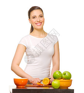 带水果的年轻女孩白色头发早餐杂货厨房营养腹部成人饮食女士图片