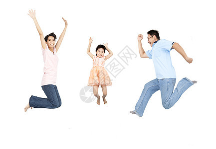幸福快乐的家庭跳跃和孤立在白色背景上图片