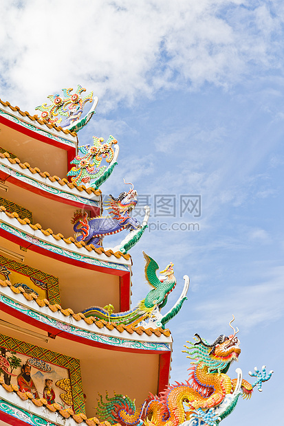 中国神社 美丽的中国神庙 和龙雕像寺庙旅游狮子信仰动物旅行风水蓝色金子纪念碑图片