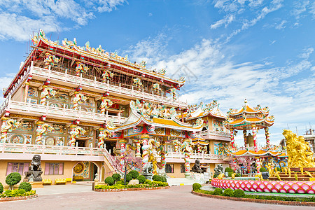 中国神社 美丽的中国神庙 和龙雕像狮子寺庙文化历史旅行力量蓝色旅游风水建筑学图片