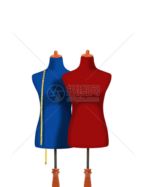 女性躯干假人设计师测量展示红色缝纫蓝色纺织品磁带模型身体图片