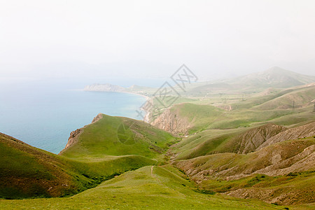 海洋和山山棕色植物蓝色晴天风景水平爬坡阳光植物群海浪图片