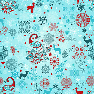 无矢量缝合的圣诞节模式装饰品雪花季节卷曲蓝色包装纸窗饰漩涡翅膀羽毛图片