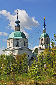 俄罗斯Florischi村Vvedensky寺庙游客教会建筑学地区阳光宗教蓝色圆顶晴天天空图片