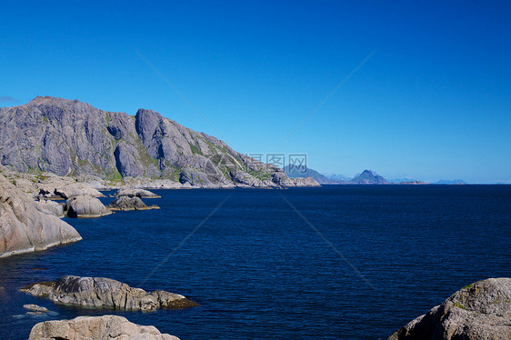 洛基诺维吉亚海岸风景蓝色峡湾海岸线晴天支撑全景山脉图片