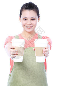 外带咖啡饮料服务器女士工人纸杯围裙职业快乐微笑杯子图片