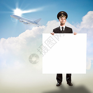 以持有空广告牌的形式进行试点男人邮政销售航班标语蓝色卡片绘画木板海报图片