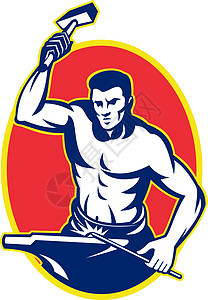 铁匠用锤子敲打铁男人零售商男性工人艺术品椭圆形插图图片