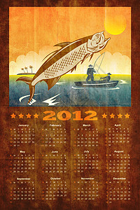 2012年渔船海报历法 塔蓬鱼大海日历渔夫插图图片