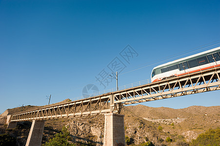 穿越桥梁的火车电车窄轨旅行山脉水平基础设施阳光铁路立交桥晴天图片