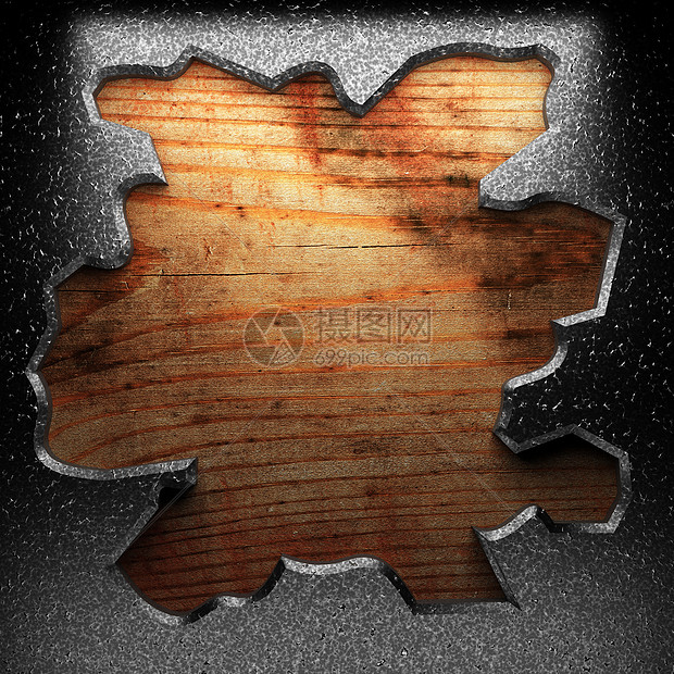 木柴上的铁板木板指甲药片棕色控制板建造木头边界工业铭牌图片