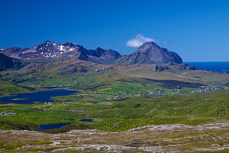 夏天的洛福顿草地风景农村山峰晴天乡村蓝色草原湖泊山脉背景图片