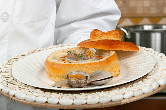 汤浓汤海鲜贝壳厨师面团盘子贝类餐厅面包厨房图片