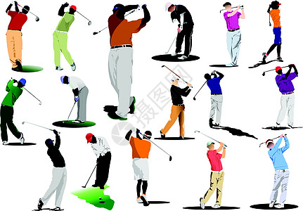 16个高尔夫球手用铁俱乐部打球 矢量插图图片