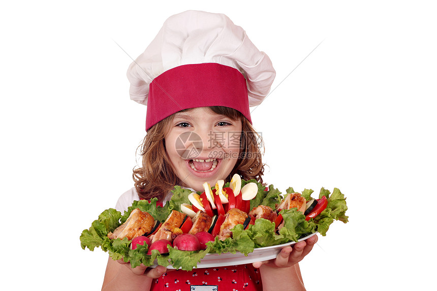 快乐的小女孩用美食做饭童年乐趣午餐炙烤女性青年蔬菜孩子烹饪厨师图片