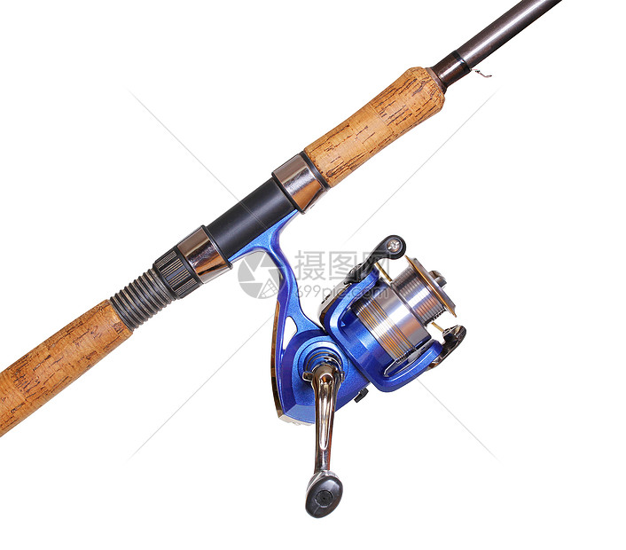 白上隔离的钓鱼棒和闲暇渔夫活动娱乐海岸线筒管蓝色卷轴垂钓者爱好图片