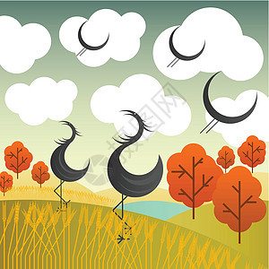 矢量秋季风景 有鹤鸟和树艺术品橙子国画艺术天空池塘季节起重机太阳叶子图片