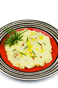 土豆泥韭葱盘子家常饭绿色黄色浓汤条纹蔬菜食物金子图片