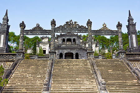 Thien Mu 塔工艺历史性宝塔色调雕像灰色蓝色工匠宗教棕色图片