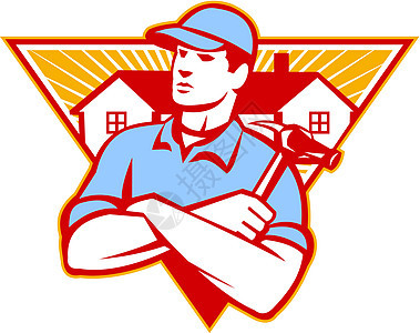 生成器建筑工人锤房子男性三角形锤子木匠住宅男人安全帽工人插图图片