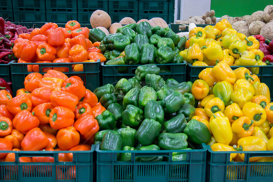 装满多彩胡椒的盒子店铺收成食物绿色团体农场芹菜橙子集装箱农民图片