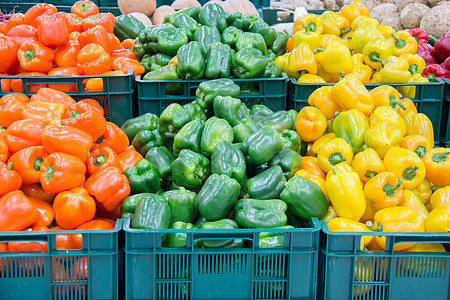 装满多彩胡椒的盒子绿色团体倾斜收成芹菜农民红色杂货南瓜商业图片