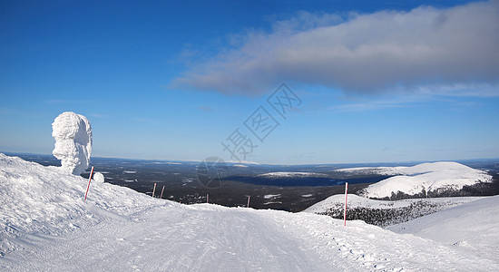 拉普兰滑雪全景旅行粉末季节运动白色森林路线图片