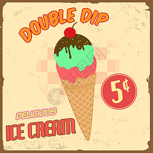 冰淇淋复古邮政海报甜点插图锥体产品味道棕色晶圆食物卡片图片