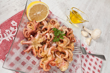 Fried 章鱼餐厅香菜乌贼柠檬油炸动物食物饮食美食海洋图片