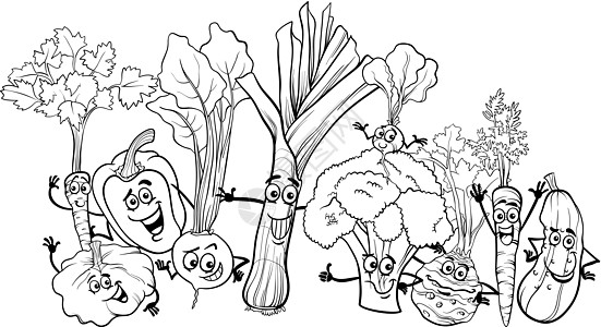 彩色书籍卡通蔬菜香菜食物黄瓜萝卜维生素胡椒黑与白葫芦韭葱插图图片