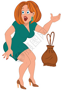 穿着绿裙子和棕色包袋的卡通妇女图片