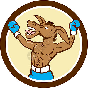 驴拳拳赛庆祝圆环卡通动物插图胜利拳击手蓝色艺术品手套圆圈卡通片图片