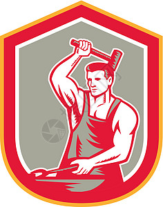 铁匠打锤钳盾牌雷特罗工人贸易波峰男性大锤工业重量插图锤子男人图片