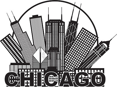 芝加哥城市天空线黑白在圆圈中插图图片