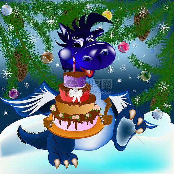 黑暗蓝龙新年是2012年的象征幸福生日森林惊喜纪念日礼物玫瑰甜点雪花蜡烛图片