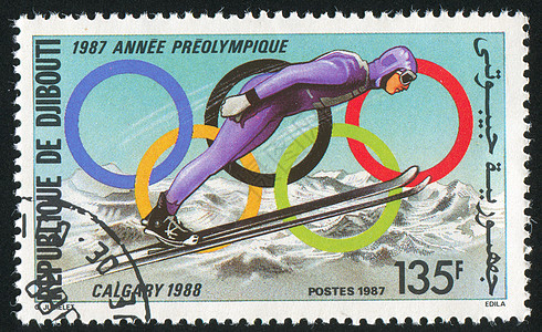 跳跳滑雪明信片邮戳头盔邮件男人竞赛运动员戒指手臂眼镜图片