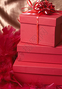 带羽毛和弓的红色礼品盒图片